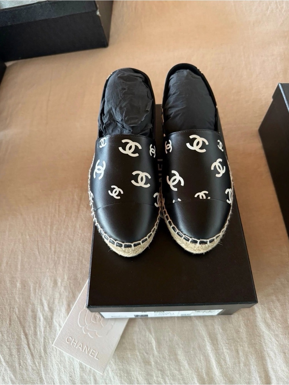 CHANEL Black Leather Espadrilles with White CC Logos - Picture 1 of 6